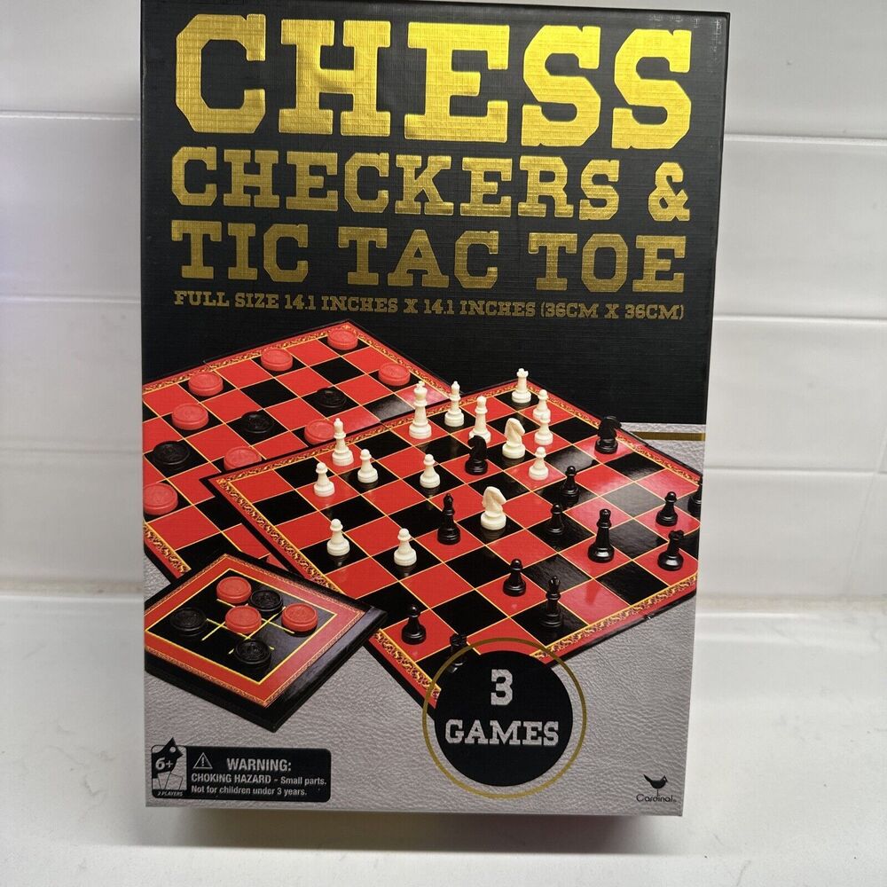 Cardinal Games Chess Checkers & Tic Tac Toe 3 Games Full Size 14.1x14.1in Sealed